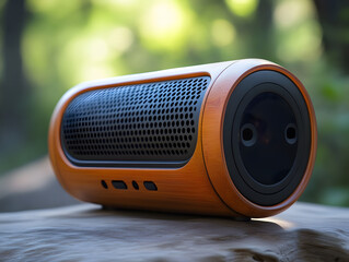 Close-up of a wooden Bluetooth speaker (outdoor natural style)