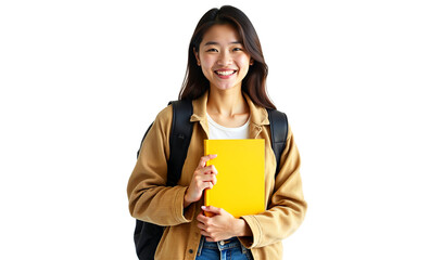 Smiling young Asian student with yellow book and backpack, isolated on white background. Cheerful female portrait for education, reading, or lifestyle themes.