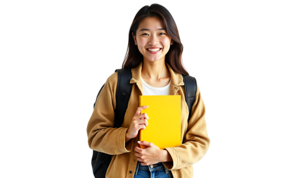Smiling young Asian student with yellow book and backpack, isolated on white background. Cheerful female portrait for education, reading, or lifestyle themes.