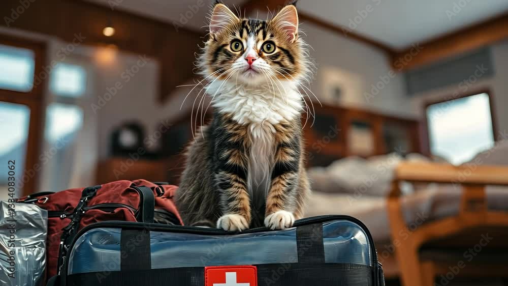 Poster cat is sitting on a suitcase with a red cross on it. the suitcase is on the floor in a room