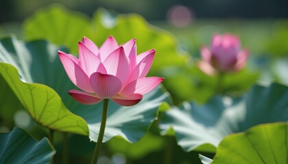 Obraz premium Vibrant Pink Lotus Flower in Sunlit Garden, Nature's Elegance and Tranquility