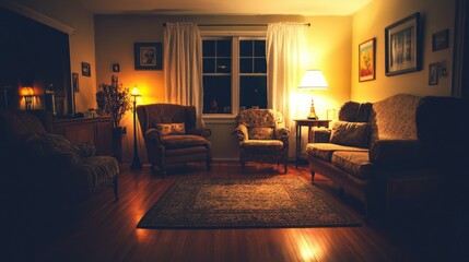 A cozy living room is illuminated with warm ambient lighting