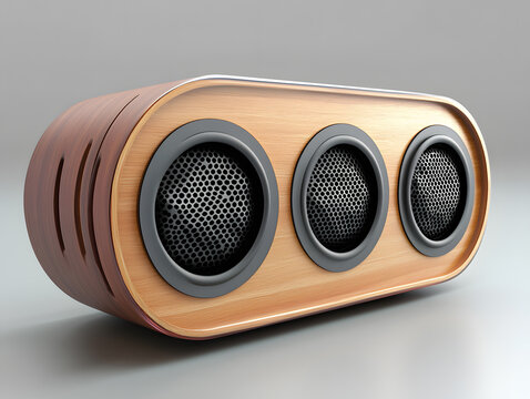 3D renderings of a portable wooden three-unit speaker
