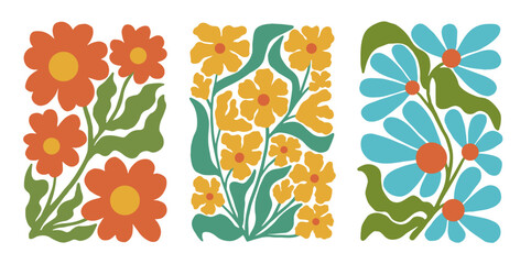 Set of groovy floral botanical background in trendy naive retro hippie 60s 70s style. Vertical poster with abstract wavy flower