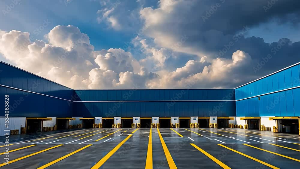 Poster large modern logistics warehouse with multiple loading dock doors and empty parking lanes under a cl