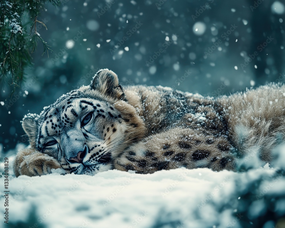 Poster snow leopard resting in a tranquil snowy landscape surrounded by falling snowflakes and a soft, wint