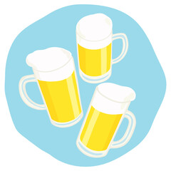 Group toast with draft beers on blue background