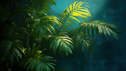 Lush Green Tropical Leaves in Dark Teal Setting