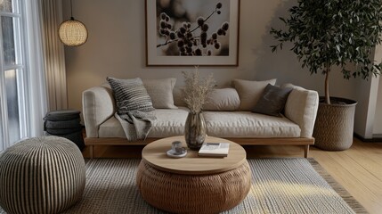A cozy and comfortable living room with attractive furniture details