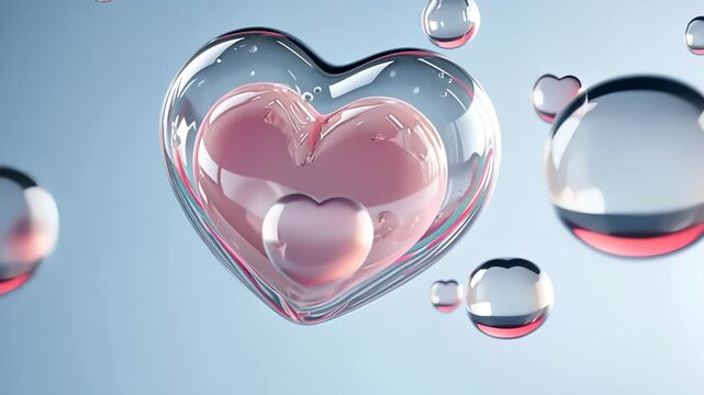 Many pink translucent valentine 3d a shaped bubbles are floating on heart pastel colored background with a gradient from blue to pink flying in the air video 4k