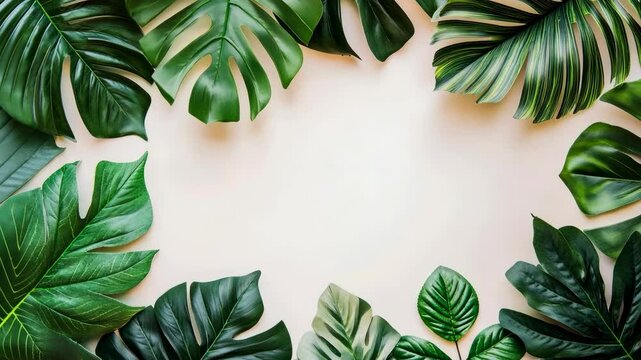 Vibrant collection of tropical leaves arranged in a circular pattern on a light background