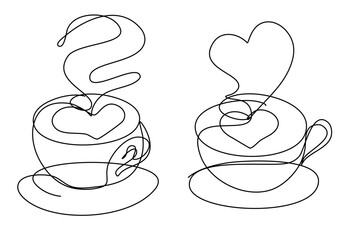 Minimalist continuous line drawing depicting two cups of coffee with heartshaped steam rising elegantly, symbolizing love and warmth.