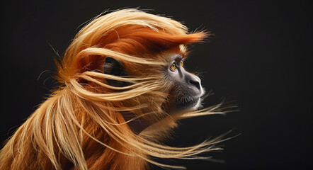 Portret małpy z rozwianymi na wietrze złotymi włosami. Studyjne ujęcie na czarnym tle.