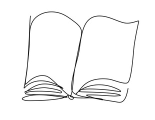 Simple line art illustration of an open book with clean lines on white background. Perfect for educational, literary, or artistic design projects.
