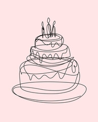Minimalist line art illustration of a tiered cake adorned with candles on a soft pink background. The artwork captures a clean and contemporary design approach.