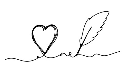 Minimalistic line art featuring heart and quill feather design symbolizing love and creativity. Elegant black lines on a white background exude simplicity and grace.