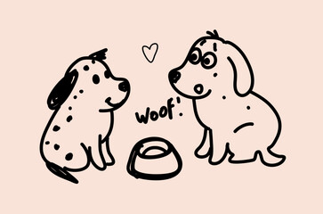 Illustration of two adorable dogs sitting with a food bowl between them. A heart symbol and the word woof are drawn above, suggesting a playful interaction between the dogs.