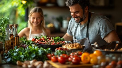 Family Enjoying Cooking Together with Fresh Ingredients in a Rustic Kitchen. Generative AI