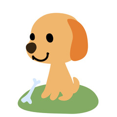 A simple cartoon illustration of a cute puppy with floppy ears sitting on grass next to a bone. The puppy has a happy expression and a playful demeanor.