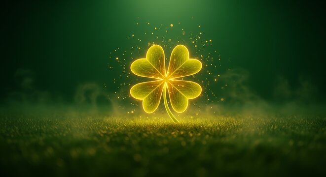 Glowing four leaf clover in a field of grass with a soft green background and golden sparkling particles