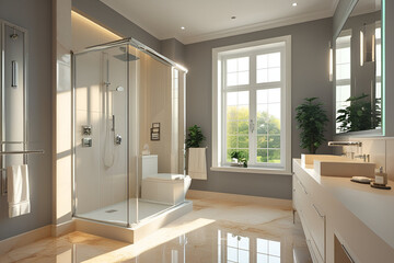 Stylish beautiful bathroom interior with glass shower and sink, window modern bathroom interior with bathroom