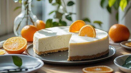 Fototapeta premium Elegant cheesecake with citrus accents. A slice is missing, revealing creamy layers. Simple, fresh, and inviting