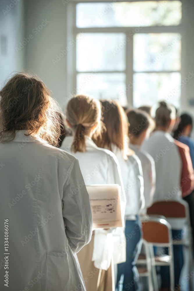 Poster Group of scientists in white lab coats working together on a project, concept image for research and innovation