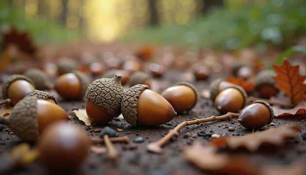 Close-up of scattered acorns on forest floor, symbolizing autumn harvest