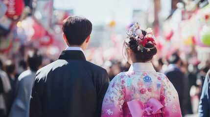 Obraz premium A couple dressed formally walking through a crowded street festival