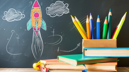 Enchanting Back - to - School Scene: Books, Pencils, and a Captivating Rocket Sketch