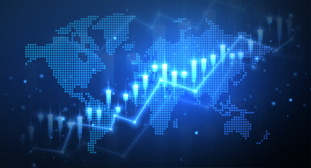Stock growth graph background and world map. Trade exchange, chart concept