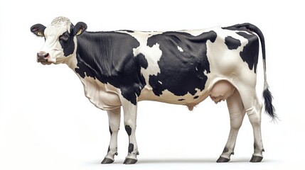 Spotted cow gracefully poses against a stark white backdrop. A charming portrait of rural beauty