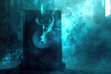 A close-up shot of a speaker emitting smoke, great for use in illustrations or graphics about music, technology, or pollution