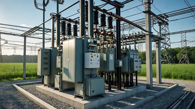 Electrical Power Substation with High-Voltage Transformers and Circuit Breakers in an Open Industrial Energy Facility

