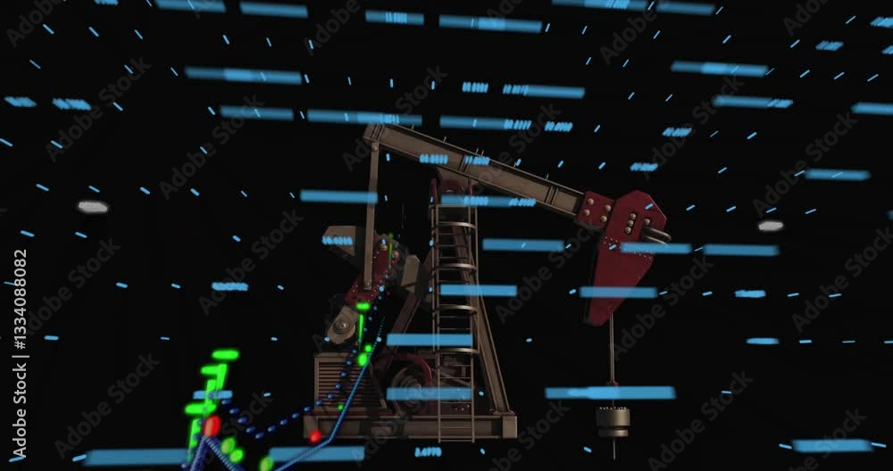 Poster oil pumpjack with data visualization and digital lines in futuristic animation