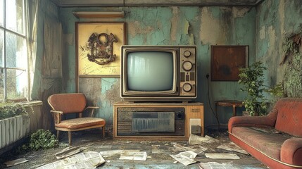 Abandoned room with vintage TV.  Decaying interior