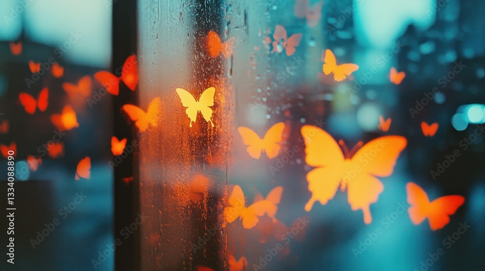 Poster glowing butterfly lights adorn a wet window creating dreamy bokeh effects