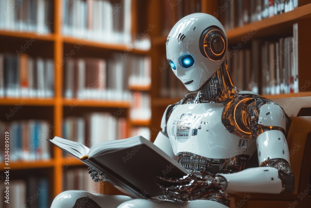 Poster A robot sitting at a table in a library, surrounded by books and reading from a book
