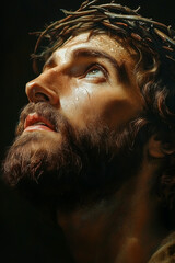 Close-up of Jesus' face in a crown of thorns, suffering and sacrifice