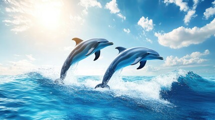 Fototapeta premium Two Dolphins Leap Joyfully over Ocean Waves Under a Sunny Sky