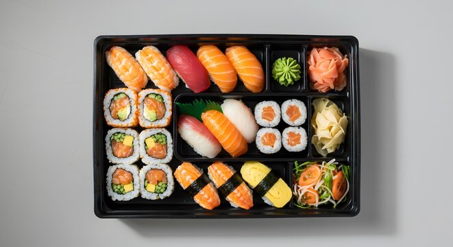 Delicious assorted sushi platter with salmon nigiri maki rolls and sashimi box set raw top food meal