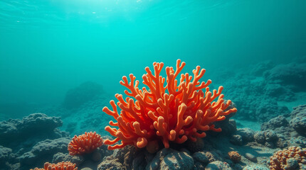 A large red coral is growing on a rocky beach. The coral is surrounded by other small corals and rocks. The scene is peaceful and serene