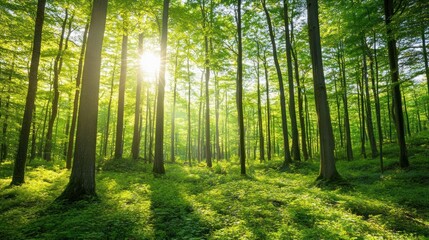 The Sun Shines Brightly Through a Green Forest of Trees