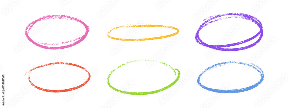 Aufkleber crayon highlight colorful oval frames. pastel chalky circles with grainy borders on white background