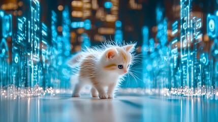 Cute kitten in a futuristic city, walking on a reflective floor amidst glowing, transparent buildings and digital code.