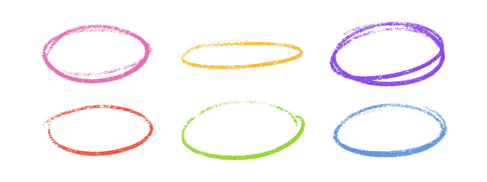 Crayon highlight colorful oval frames. Pastel chalky circles with grainy borders on white background. Rough textured shapes and handmade emphasis elements for design projects.