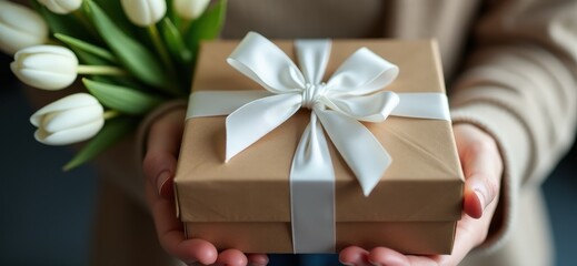 Hands hold a beautiful gift box with a ribbon and white tulips. Top view, close-up. Happy mother's day