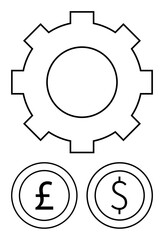 Gear above dollar and pound signs symbolizing global economy, money flow, financial systems, business, investments, trade, and efficiency. Ideal for finance topics and flat simple metaphor