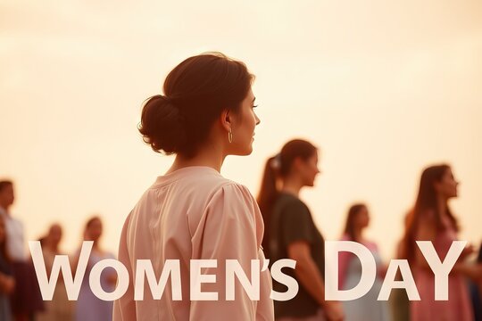 Celebration of Women's Day with diverse group of women standing together at sunset