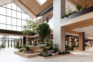 Fototapeta premium A sustainable retail complex with an open-air design, solar shading, and eco-friendly materials prominently displayed